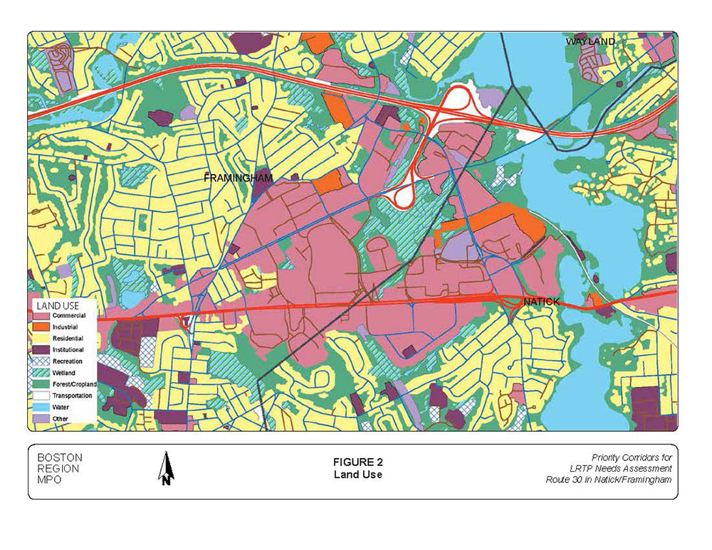 FIGURE 2. Computer-drawn map that depicts, via color codes, the various land uses for the surrounding communities of Framingham, Natick, and Wayland, including the categories: “commercial, industrial, residential, institutional, recreation, wetland, forest/cropland, transportation, water, and other”.
